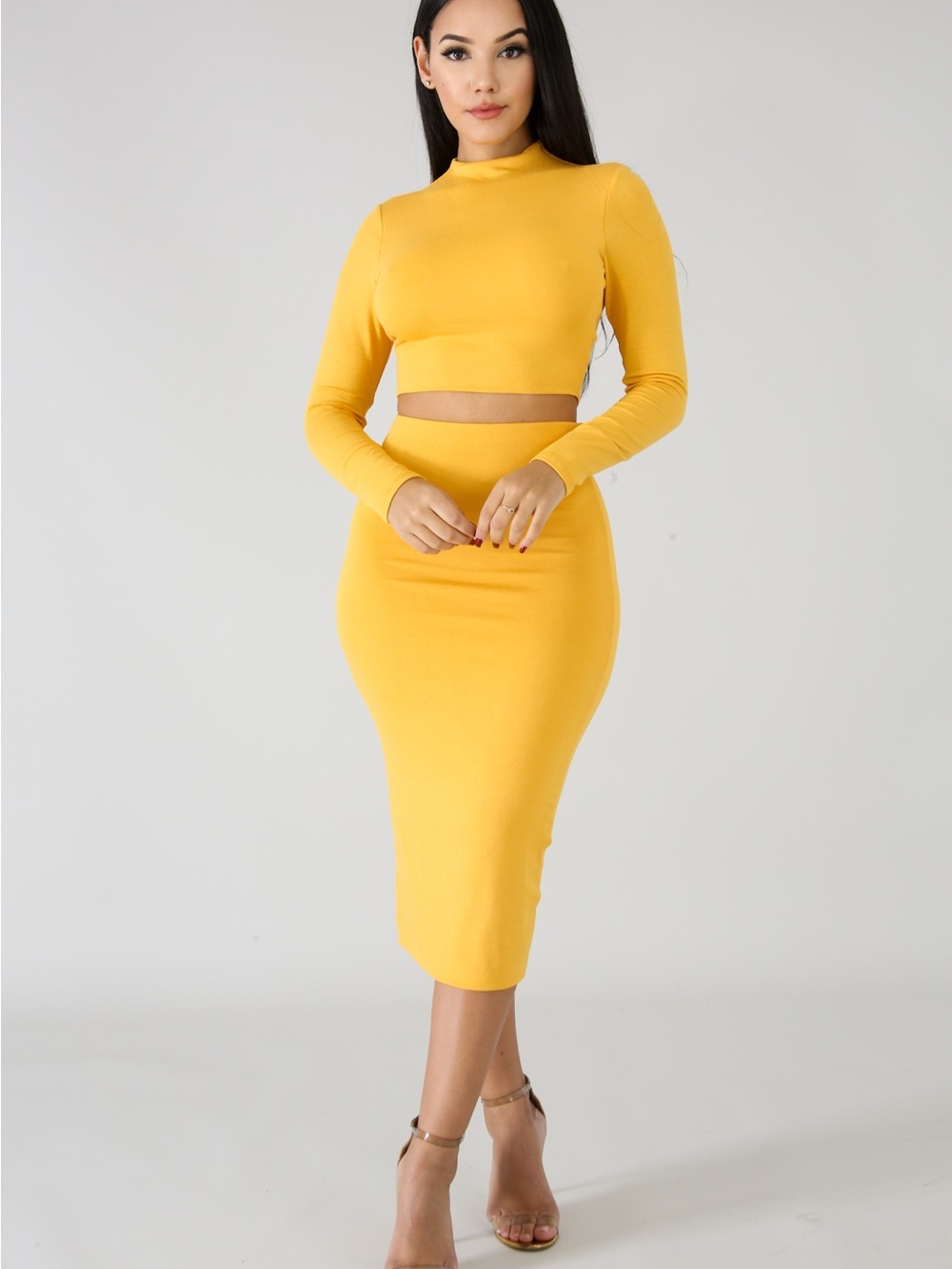 Sabora Yellow Long-Sleeve Crop Top & High-Waist Midi Skirt Set